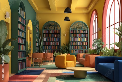 Vibrant, colorful library interior with arched windows and bookshelves