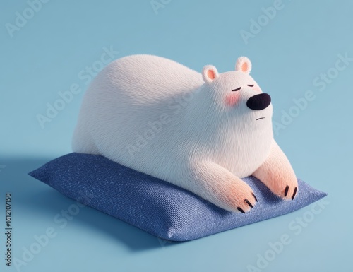 Fluffy, plump polar bear rests on a blue pillow