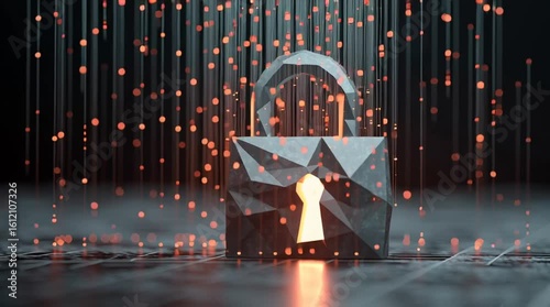 3D padlock with glowing keyhole and falling data particles symbolizing cybersecurity