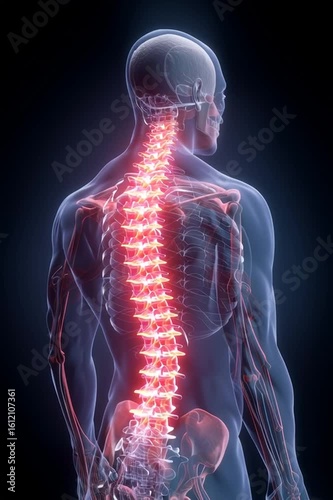 3D medical illustration of glowing human spine from back view