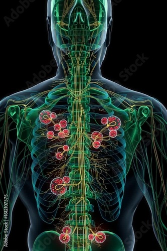 Medical illustration of human nervous system and inflamed lymph nodes