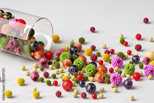Transparent capsule filled with colorful fruits and vegetables symbolizing natural vitamins