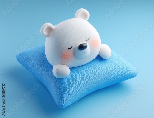 Cute white bear napping on blue pillow