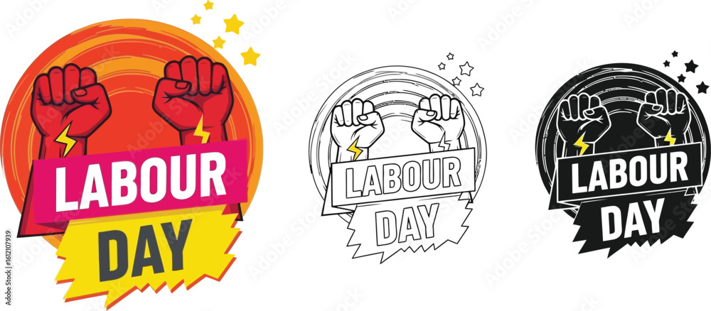 Celebrate labour day with vector graphics of fists and lightning bolts design set vector Celebrate labour day with vector graphics of fists and lightning bolts design set vector