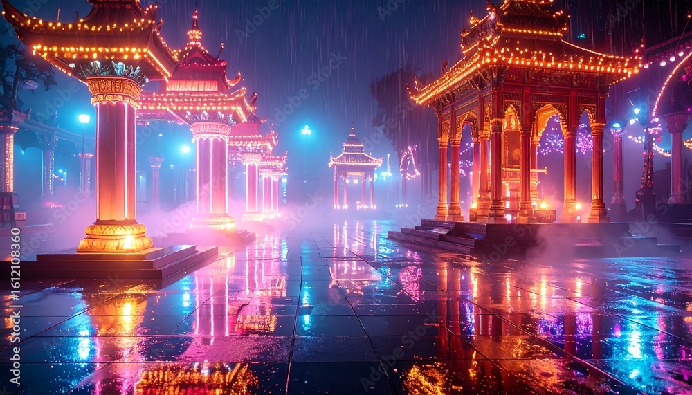 Obraz premium Walking in Rainy Cityscape with Pagodas and Neon Lights