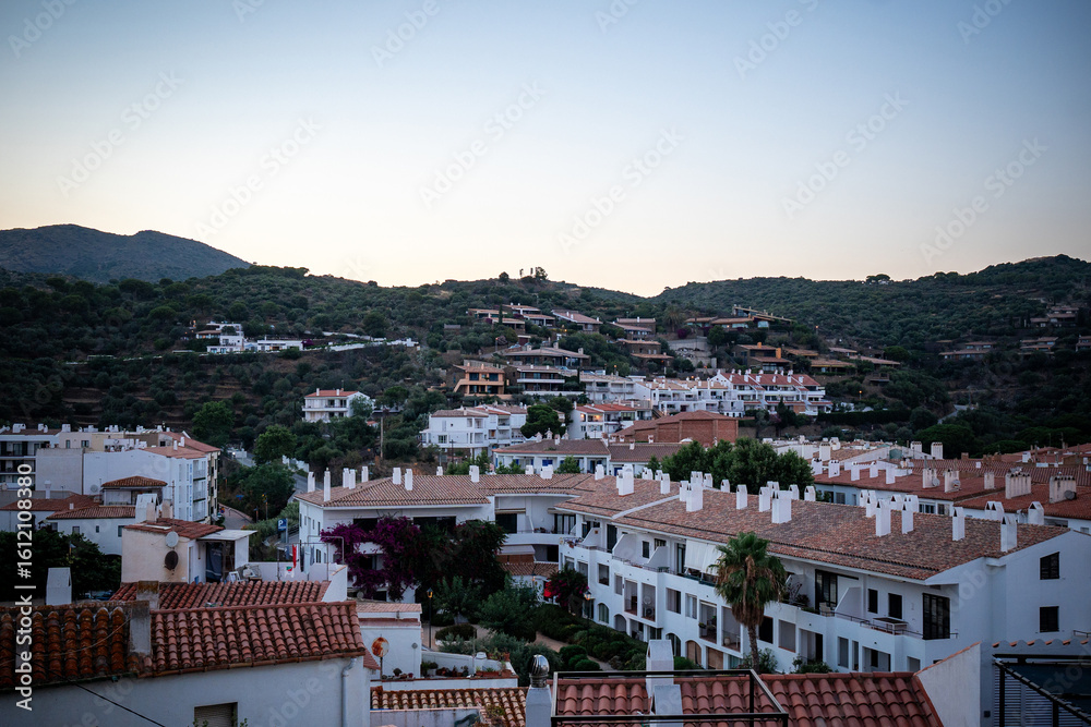 Fototapeta premium Mediterranean architecture style in Cadaques, Spain. White apartment buildings with palm trees at sunset