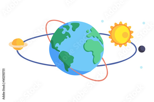 Earth and moon orbiting the sun in space illustration