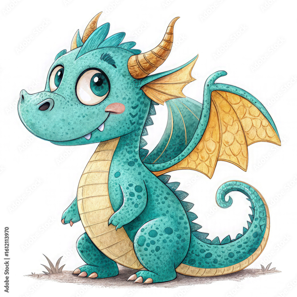 Fototapeta premium A happy little dragon with bright turquoise scales, tiny golden wings, and a curly tail. It has a round belly, short stubby arms, and a wide, toothy grin. The dragon's eyes are large and shiny