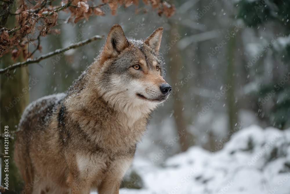Wolf standing in snow-covered forest, showcasing winter beauty in a realistic and detailed portrait Wolf standing in snow-covered forest, showcasing winter beauty in a realistic and detailed portrait
