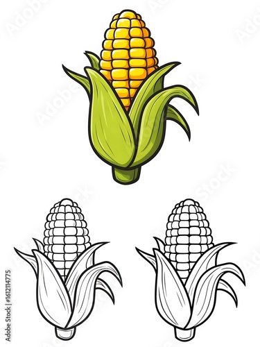 Cartoon Corn on the Cob Illustration with Line Art Variations