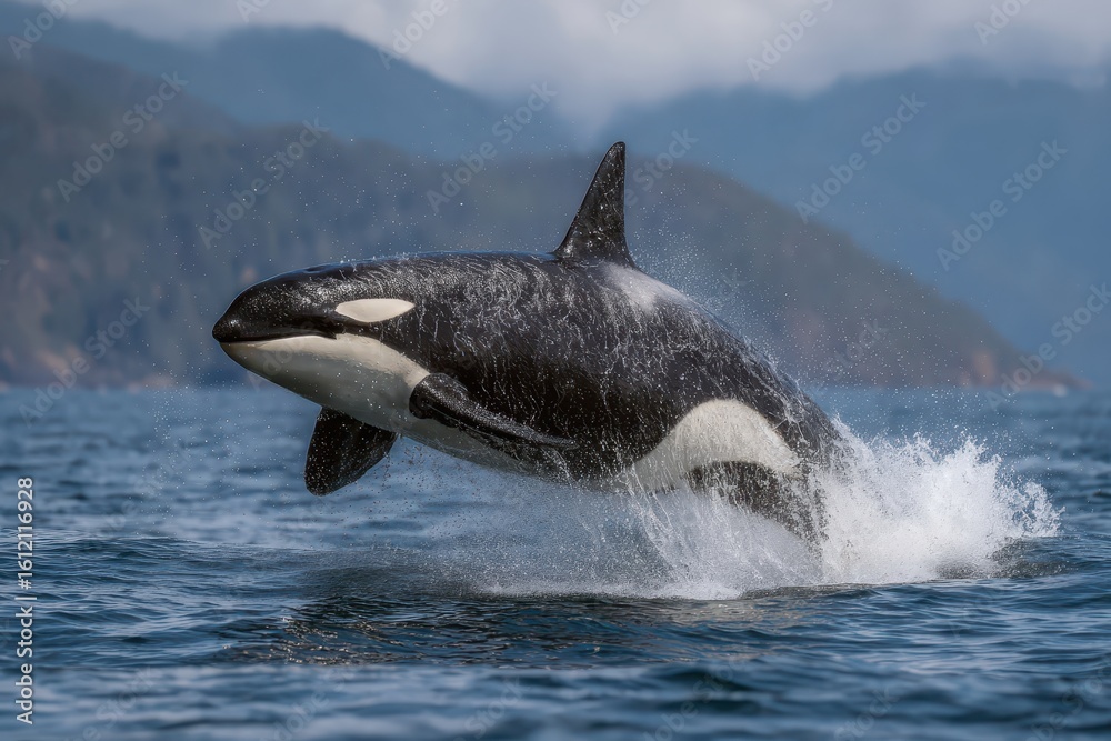 Fototapeta premium Leaping killer whale Orcinus orca performs an impressive breach in coastal waters against a backdrop of mountains
