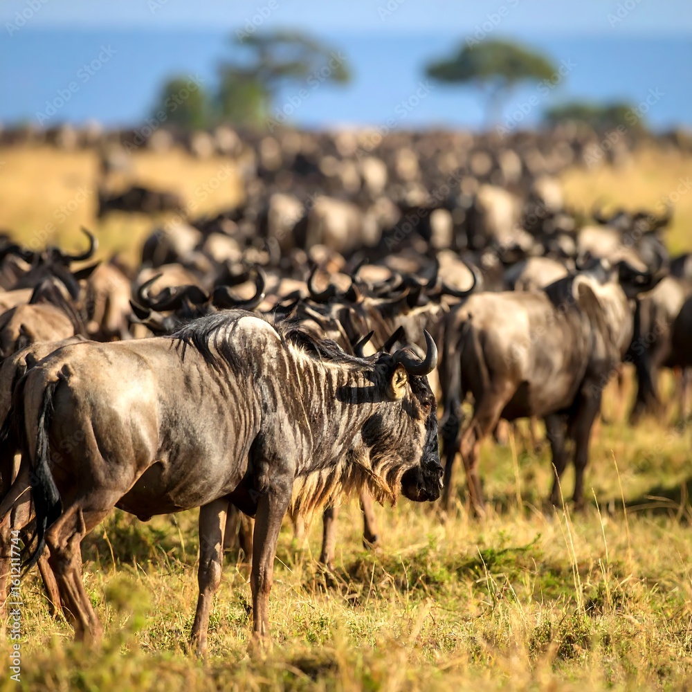 Fototapeta premium Wildebeest migration in savanna