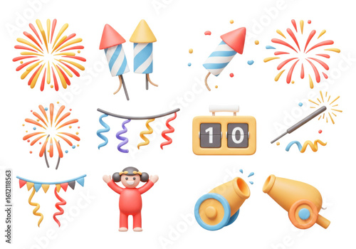 3d fireworks and celebration elements set isolated on transparent background