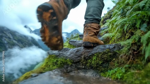 A person ascends mossy stone steps on a mountain trail, wearing hiking boots and pants, with mountains in the background