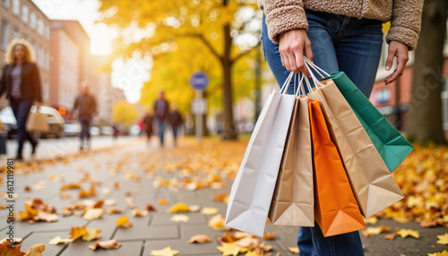 Woman holding shopping bags while walking in autumn city street  