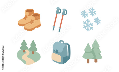 Isometric winter hiking gear and nature icons in soft pastel tones