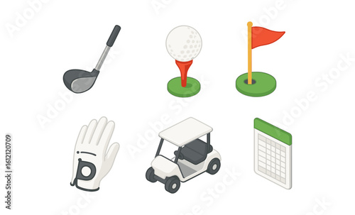 Isometric golf equipment set with club, ball, flag, glove, cart, and scorecard