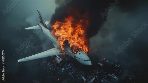 Airplane engulfed in flames crashes into debris field atmospheric chaos. Dramatic aviation disaster video depicts emergency, danger, destruction; ideal for news reports, safety training, crisis respon