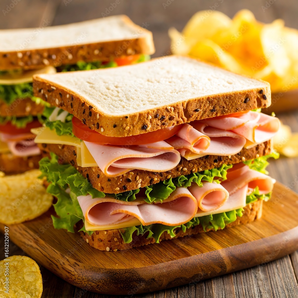 Obraz premium Stacked ham sandwiches on a wooden board