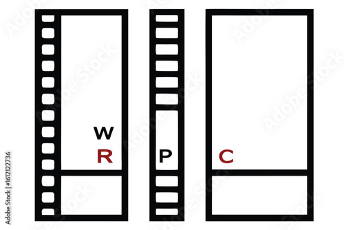 Filmstrip Frames with WRPC Initials Representing Photography Processes and Creative Workflow in Minimalist Design Black and Red on White