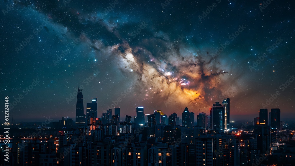 Fototapeta premium Night Cityscape Beneath a Stunning Galaxy Ceiling