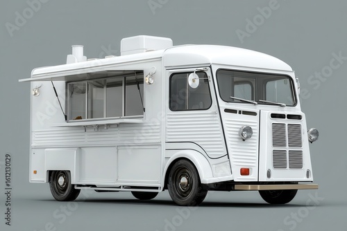 Realistic mockup of a white food truck showcasing a modern design, parked in a neutral setting, ready to serve delicious meals to customers at a vibrant street fair