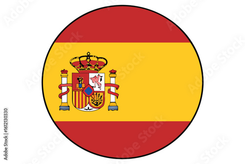 Round Spanish Flag Icon Graphic with National Emblem and Patriotic Colors for Design Purposes and Travel Themes