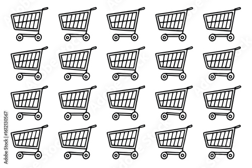 Seamless pattern background of shopping carts for retail business advertising and promotional marketing campaigns representing consumerism and commercial purchasing activities