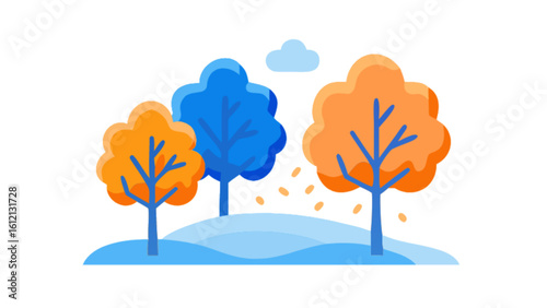 Autumn trees vector graphic illustration with falling leaves landscape scene for seasonal designs