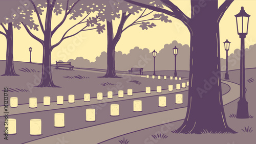 Tranquil park luminaries landscape scene with glowing candle lights and pathway illustration design vector