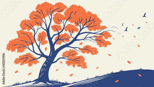 Autumn tree vector art illustration with orange leaves and flying birds landscape design free download