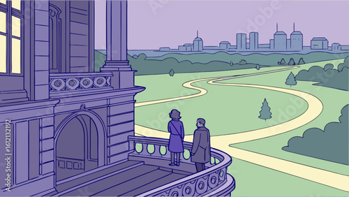 People on balcony overlooking park landscape with city skyline vector illustration design art drawing