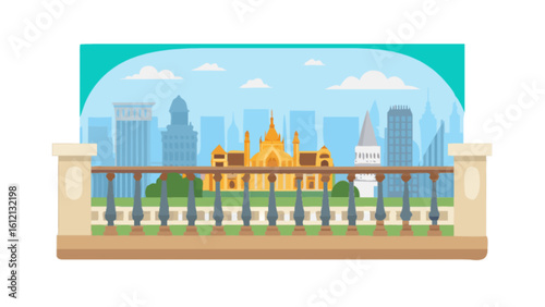 Cityscape view from balcony vector illustration with buildings and golden temple travel and tourism