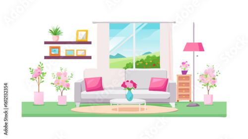 Living room interior design vector illustration with sofa window and plants for home decor and furniture