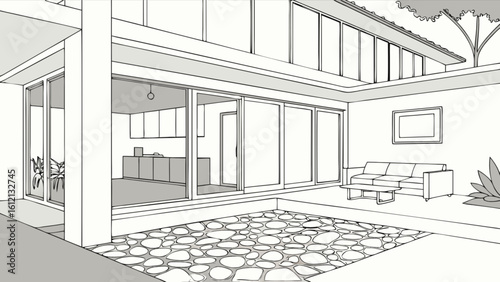Modern home interior design living room with courtyard and stone floor plan architecture illustration