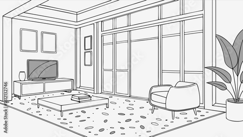 Modern living room interior design with tv console armchair and plant vector line art illustration drawing