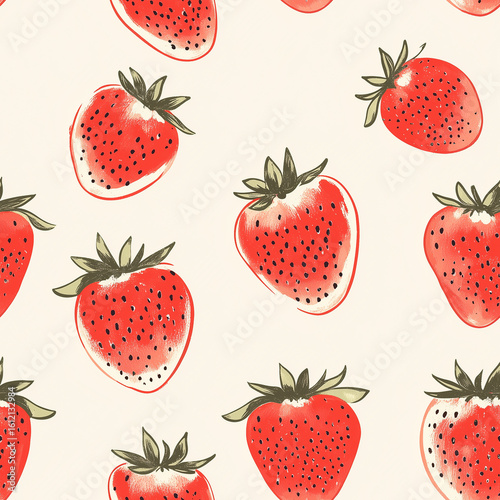 Bright Red Strawberries Arranged in a Repeating Pattern on a Light Background.