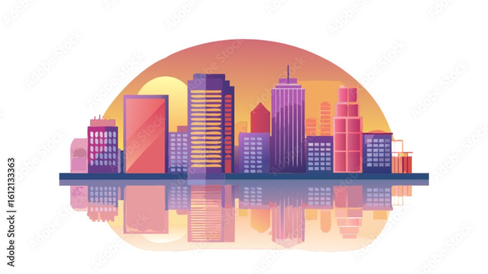 Naklejka premium Downtown cityscape skyline vector illustration with sunset reflection urban architecture building design 100