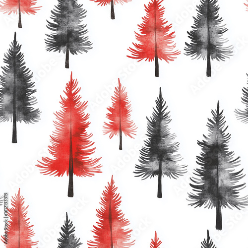 Colorful Winter Forest Pattern Featuring Various Trees With Red and Gray Acce...