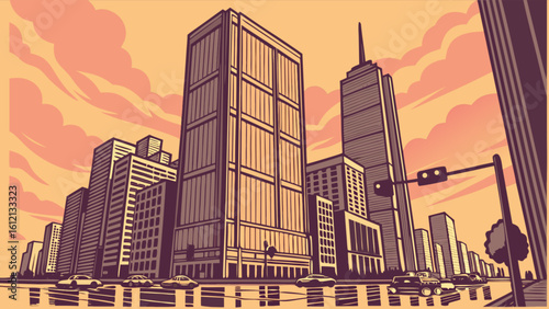 Cityscape illustration of urban skyline with skyscrapers and street view at sunset vector design