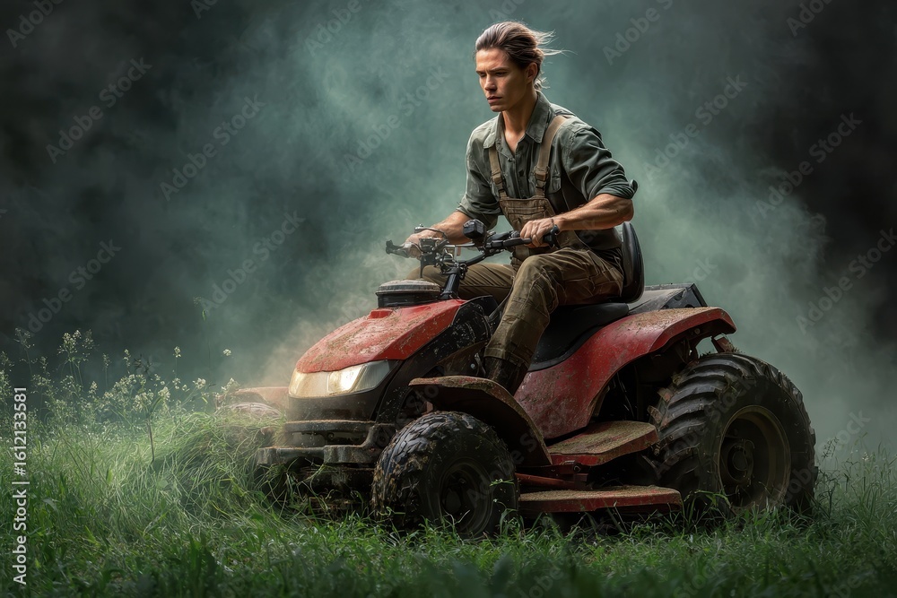 Fototapeta premium Professional lawn mower operator skillfully maneuvering a powerful riding mower through thick grass in a lush green landscape during early morning hours