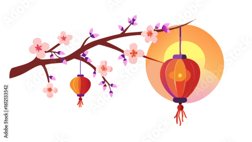Celebrate chinese new year with lanterns and cherry blossoms for a festive spring festival season art