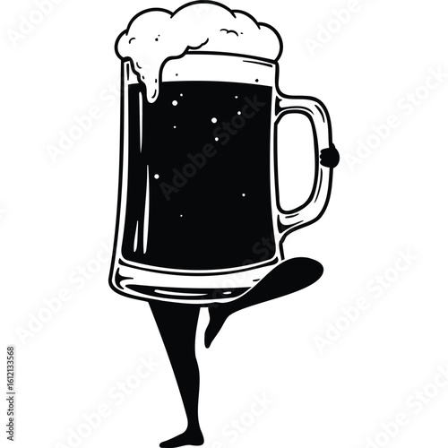 Dancing Beer Mug, Funny Stout, Black & White Cartoon Illustration
