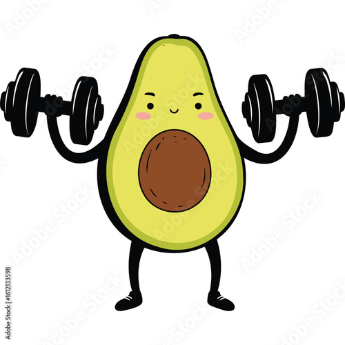 Cute Avocado Cartoon Character Lifting Dumbbells, Healthy Fitness Concept