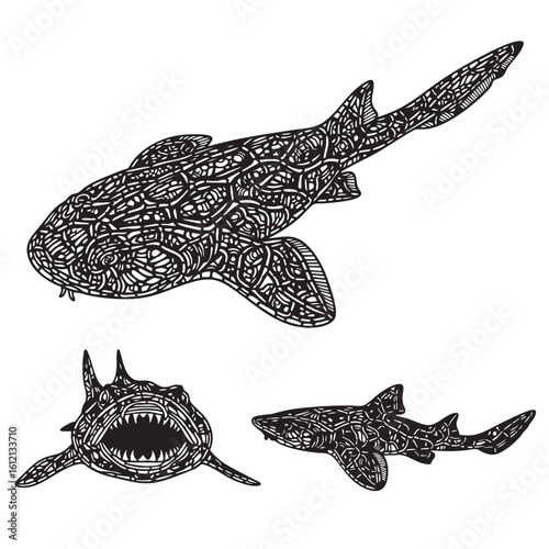 Set of 3 Wobbegong Silhouettes as a Camouflaged Carpet Shark
