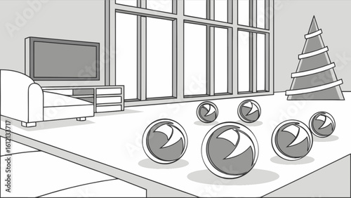 Modern living room interior design with christmas tree and decorative spheres vector illustration