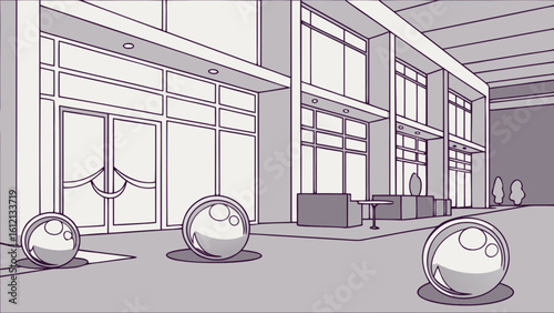Illustration of modern building interior with glass spheres and architectural design elements in gray tones
