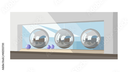 Illustration of newton's cradle with silver metal balls and small purple spheres for physics concept art
