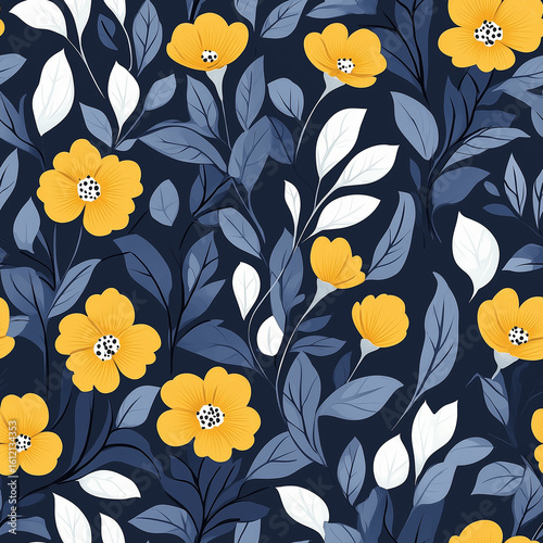 Beautiful Floral Pattern With Yellow Flowers and Green Leaves on a Dark Backg...