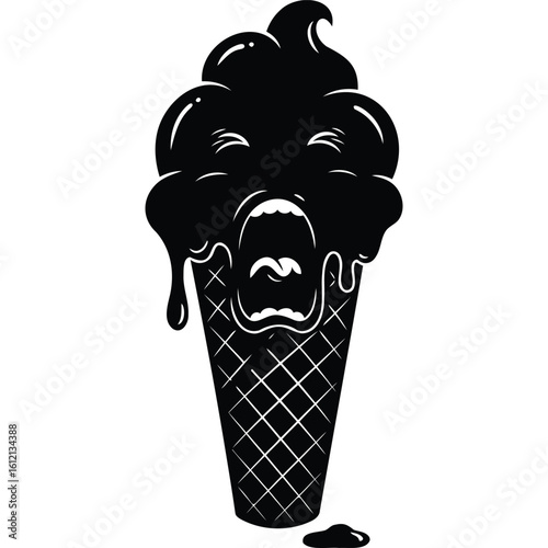 Melting Ice Cream Cone Cartoon, Screaming, Black Silhouette, Sweet Treat